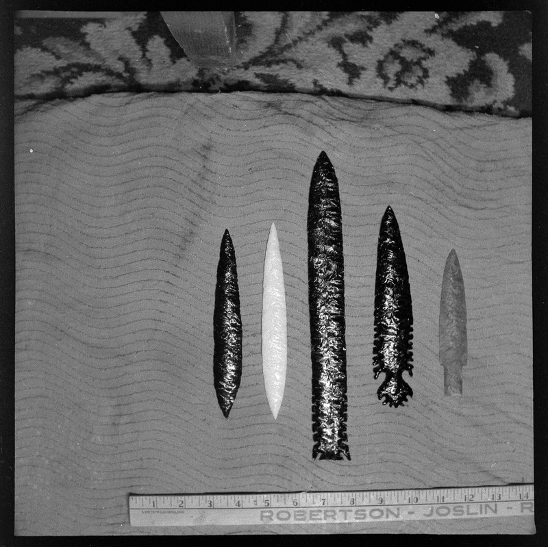 A black and white negative of five bifaces with a yardstick in the photo for reference. There are three black bifaces, one white, and one grey looking one, dependent on the coloring of the photo.