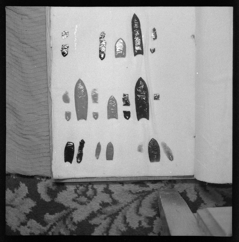 A black and white negative displaying many fluted points with their associated channel flakes.