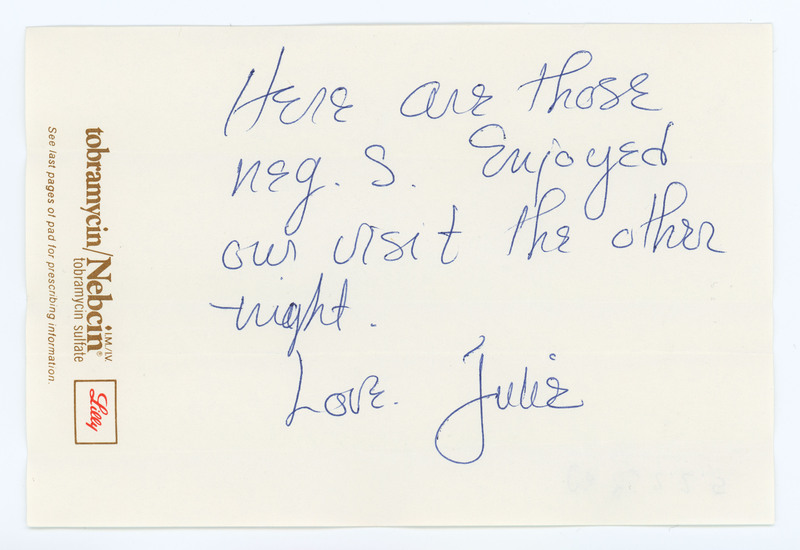 A photo of a note from Julie [no last name], sharing photo negatives.