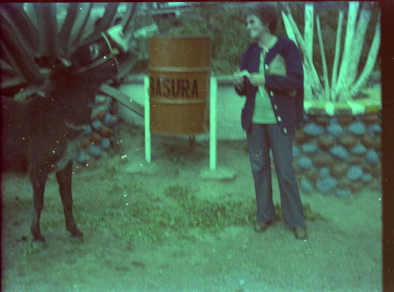 A photograph of Evelyn Crabtree standing next to a donkey. A trash can, labelled "basura," is also visible.