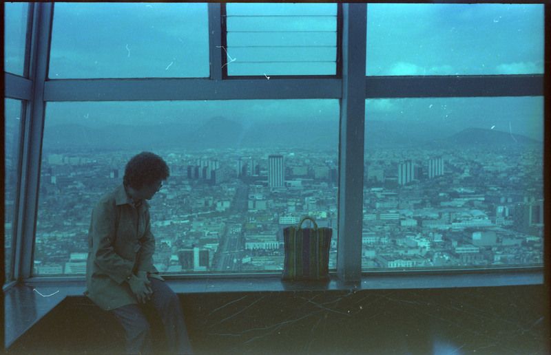 A photograph of Evelyn Crabtree sitting and overlooking a city landscape.