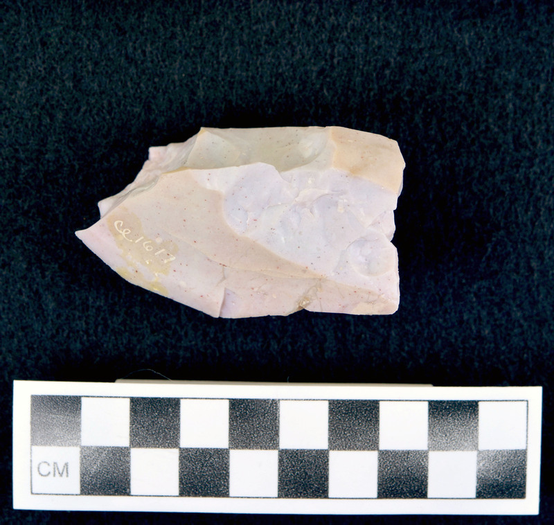 Heat treated. Ce.1617 - Ce.1656: Examples of heat treated flakes that were heated up too quickly and cooled off too quickly. There are examples of pot-lidding and crazing. Pot-lidding occurs when stone is heated too quickly and crazing occurs from a rapid cooling.