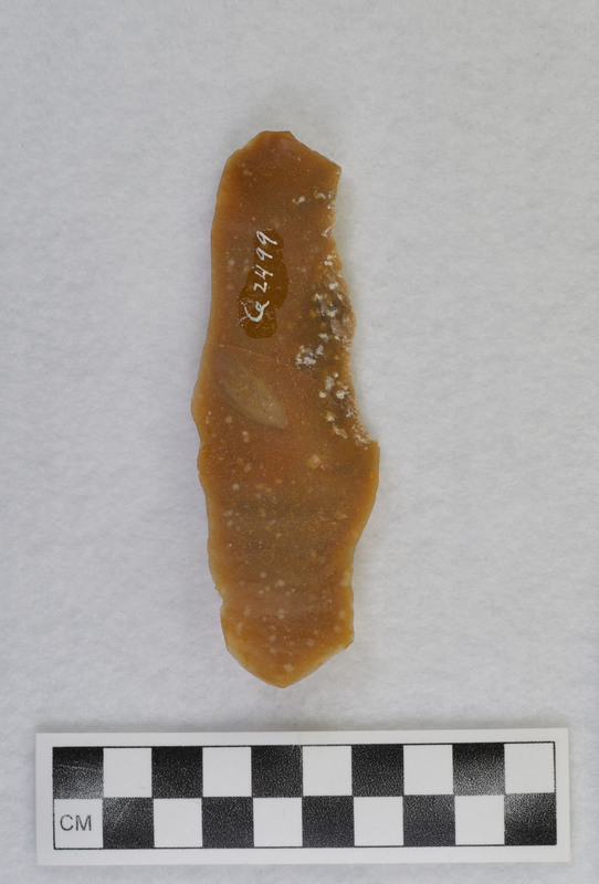 While visiting Donald E. Crabtree at home in Kimberly, Idaho, Francois Bordes created several blades from Ce.2497, using a Danish hammerston technique. Blades were made by grinding platform and using a dragging blow with hammerstone. (GT) Ce.2501 and Ce.2499 can be refit to Ce.2497.