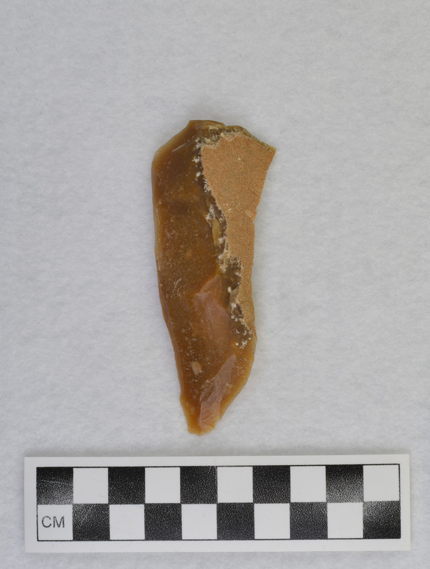 While visiting Donald E. Crabtree at home in Kimberly, Idaho, Francois Bordes created several blades from Ce.2497, using a Danish hammerston technique. Blades were made by grinding platform and using a dragging blow with hammerstone. (GT) Ce.2501 and Ce.2499 can be refit to Ce.2497.