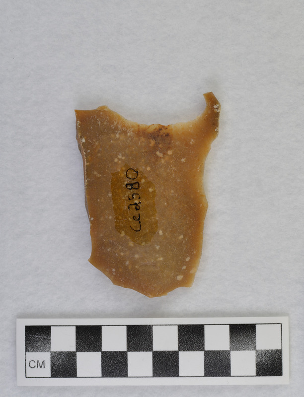 Danish Technique Hammerstone. This was probably made and sent to Don by someone in France as the material is Grand Pressigny flint. Blades were made by grinding platform and using a dragging blow with hammerstone.  (GT) See also Ce 2497 - Ce 2501