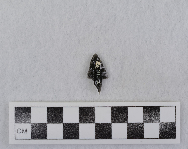 While visiting Donald E. Crabtree in Kimberly, Idaho, Tsuigo Matsuzawa created this point out of obsidian. Object is a small, stemmed point.