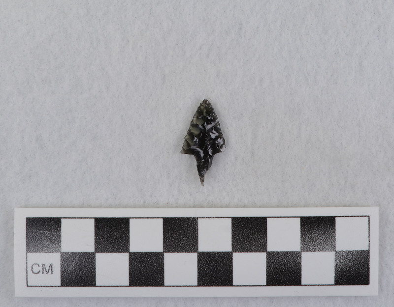 While visiting Donald E. Crabtree in Kimberly, Idaho, Tsuigo Matsuzawa created this point out of obsidian. Object is a small, stemmed point.