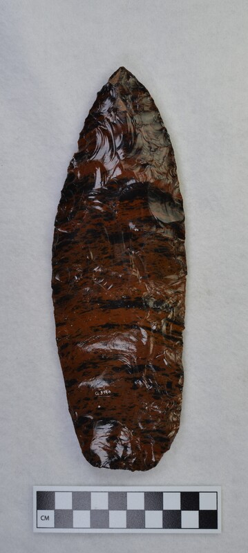 Large, obsidian biface created by Donald E. Crabtree using a percussion method.