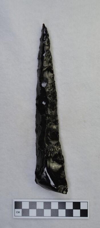 Large spear, distal portion, percussion, Some marginal pressure retouch. (GT)