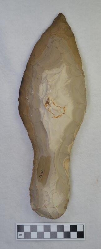 A very large biface made in the style of a Danish handaxe. Donald E. Crabtree created this using Oreana, Idaho chert.