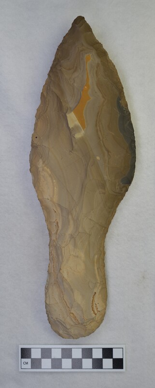 A very large biface made in the style of a Danish handaxe. Donald E. Crabtree created this using Oreana, Idaho chert.