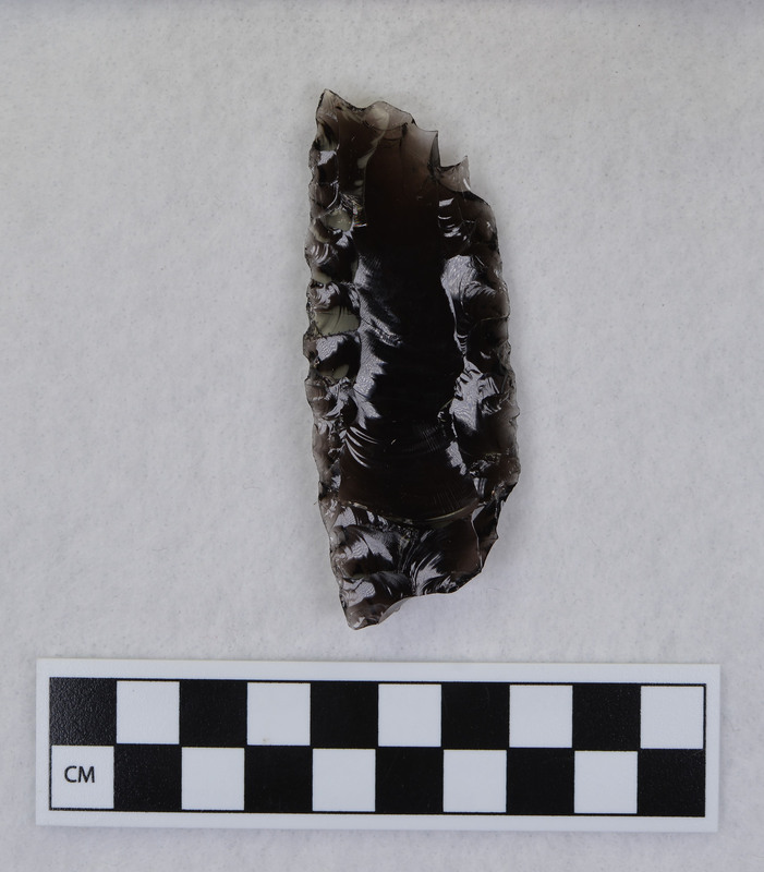 A Clovis channel flake created by Donald E. Crabtree while fluting a Clovis point. This channel flake was the result of an error in it's removal from the point.