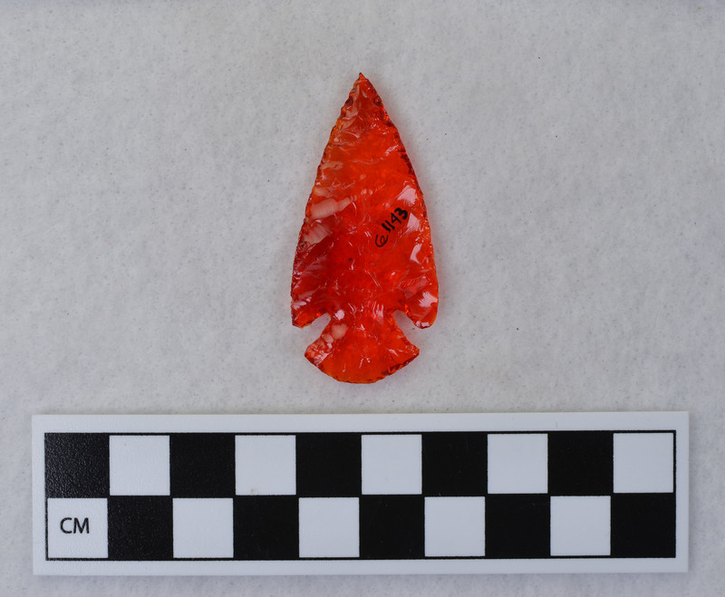 Donald E. Crabtree created this corner notched biface by using glass from a brokem tail light.