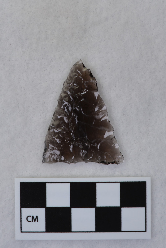 Unnotched, triangular, One outrepasse left a 90 degree edge along one margin making pressure flaking difficult. (JW)