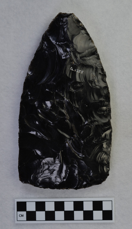 A large biface made by Donald E. Crabtree. To create this he used only percussion to remove the flakes.