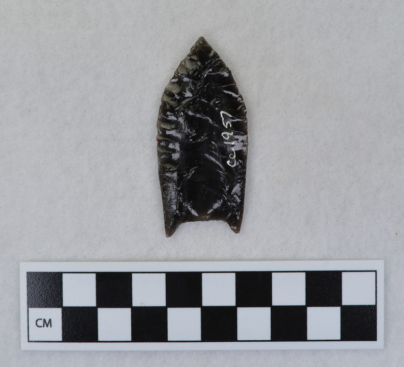 A Folsom point created by Donald E. Crabtree from obsidian from California. The object has been flaked and the margins are ground. Dr. Robert Lee Sappington describes the object as a "complete 'classic' Folsom point." This was a part of Crabtree's personal exhibit.
