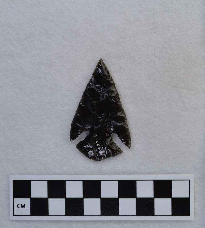 Corner notched, chevron flaking, Burins on front edges of notches.