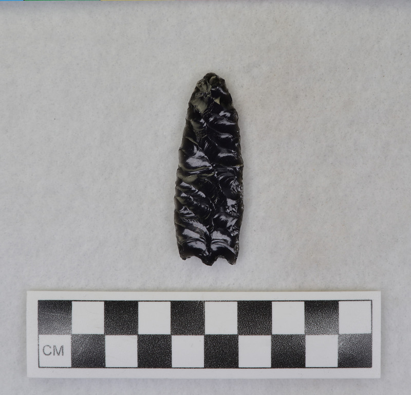 Blank ready for channel flake removal, Surface to be fluted is slightly concave along the long axis causing problems for flake removal. Would probably have broken about at midline.