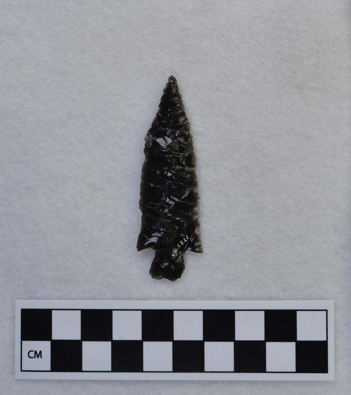 Stemmed, parallel diagonal flaking, With phenocryst left in one edge. (GT)