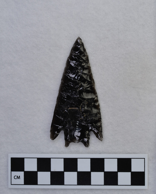 The was created by Donald E. Crabtree and was placed on his personal display. The biface is corner notched and has a bifurcated base. The base was thinned on each face by pressure flaking. (GT)