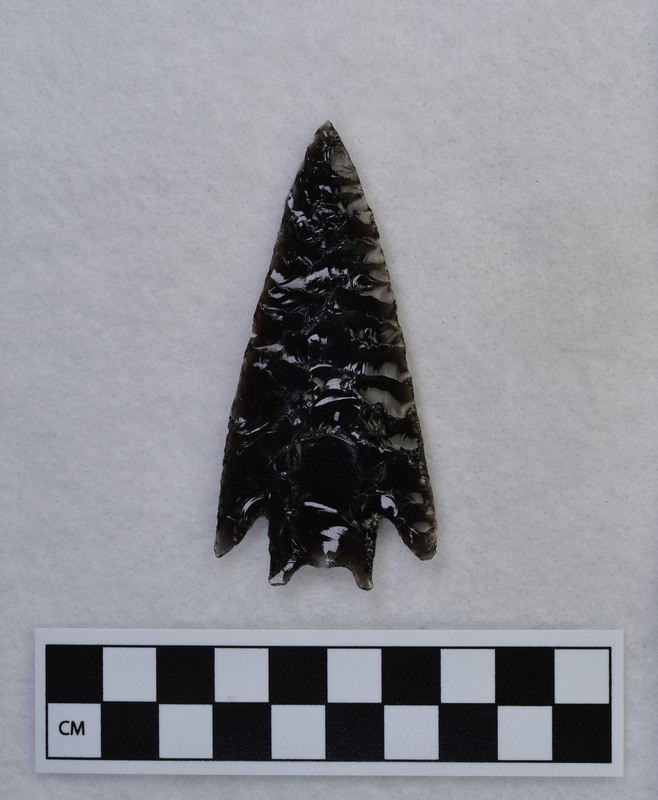 Corner notched. Bifurcated base thinned each face by pressure. (GT)