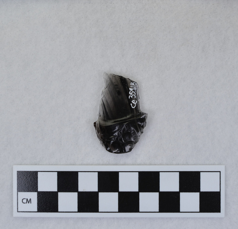 Attempted Clovis, tip ground to rest on anvil. Ce.3591A - proximal end, Ce.3591B - distal end. Point rotated upon impact of percussor, changing angle of blow and severing the distal end. (JW)