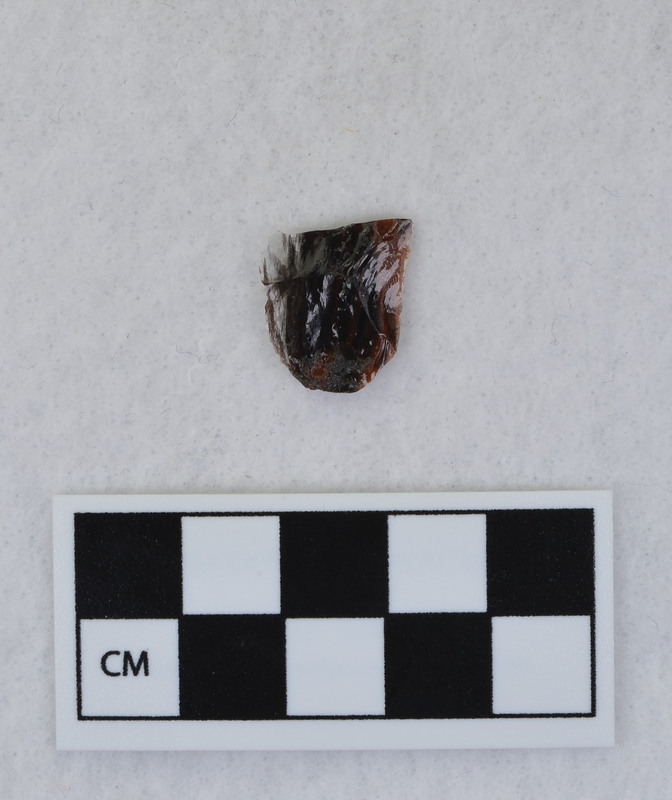 Channel, proximal fragment. Ce.3835 - Ce.3844 in one bag.Ce.3836 - Ce.3839: fragments of the channel flake from the labeled side, with point resting labeled side up, distal end pointing left. The flakes fit in numerical order, proximal to distal with their labels right side up.