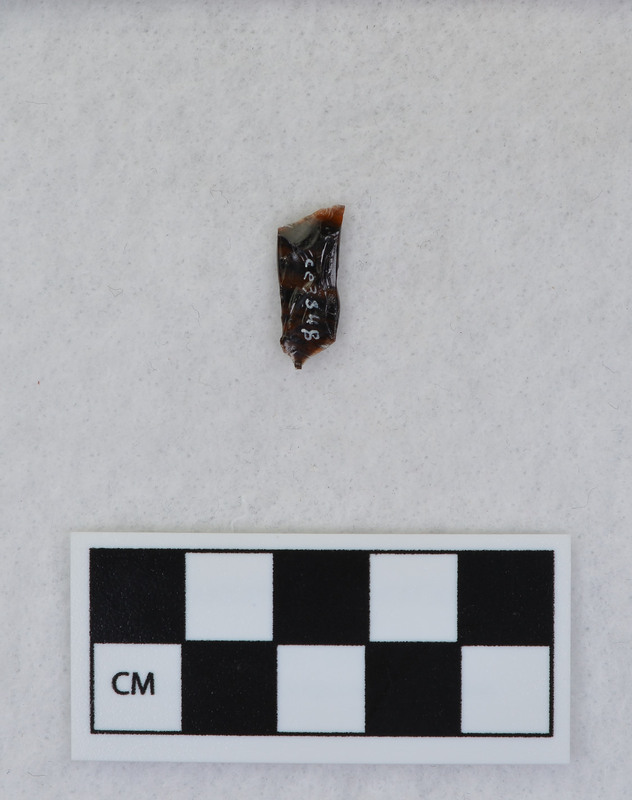 A channel flake, medial section, from a Clovis point created by Donald E. Crabtree. This object mends with seven other objects in the collection; Ce.3845 - Ce.3852. The object was made using percussion fluting with a hammerstone while the distal end rested on an anvil. Ce.3847, Ce.3848, and Ce.3849 make up the channel flake from the labeled side of the object.