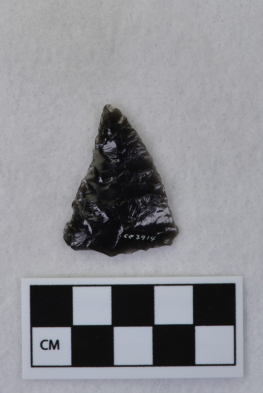 Large, corner notched. The large percussion flake scar on one face left a heavy step fracture that was removed by placing a small pressure tool behind the step and pressing off small flakes that tend to dive into the mass of the projectile. (JW)