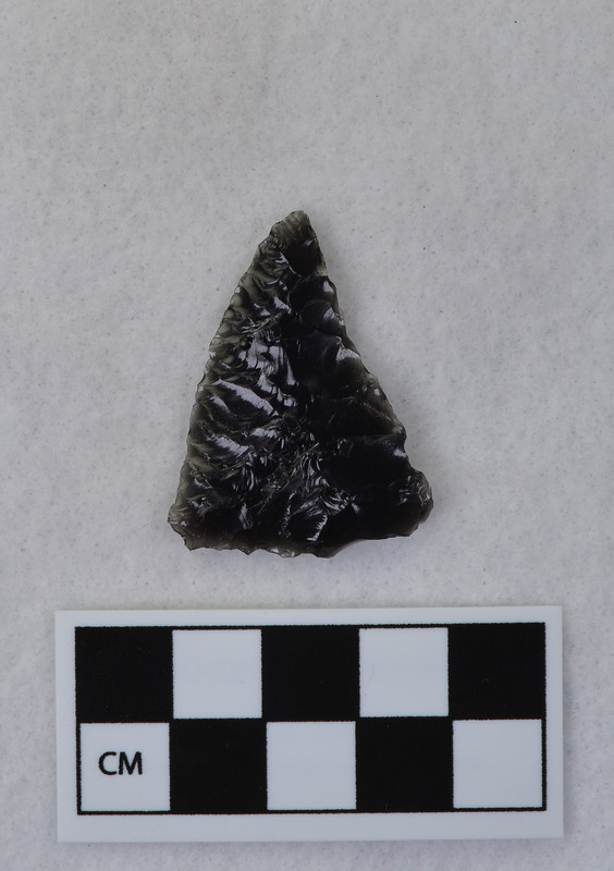 Large, corner notched. The large percussion flake scar on one face left a heavy step fracture that was removed by placing a small pressure tool behind the step and pressing off small flakes that tend to dive into the mass of the projectile. (JW)