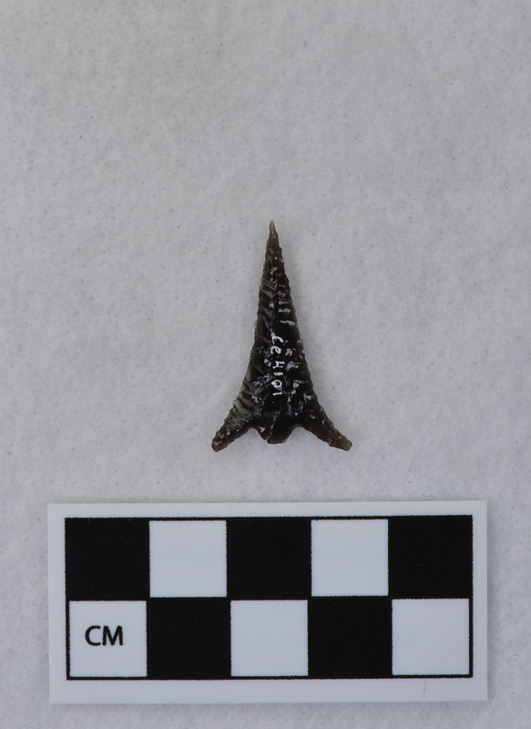 This object was made by Donald E. Crabtree and is a very small point that has small pressure flaking on it. Dr. Robert Lee Sappington noted that it was made in the style of the Columbia River type.
