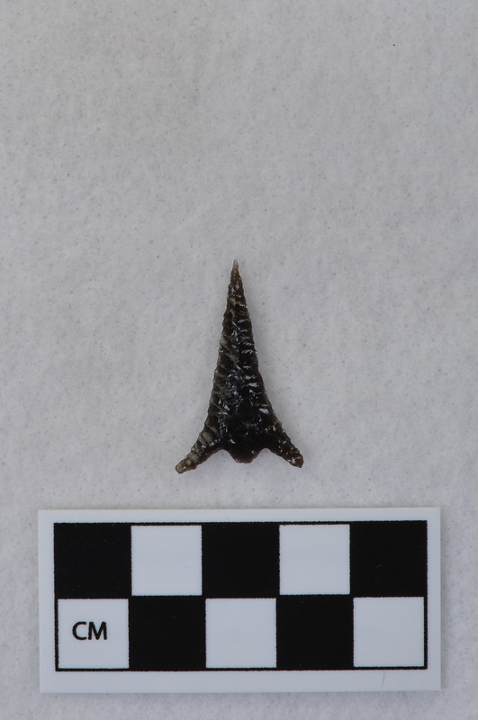 This object was made by Donald E. Crabtree and is a very small point that has small pressure flaking on it. Dr. Robert Lee Sappington noted that it was made in the style of the Columbia River type.