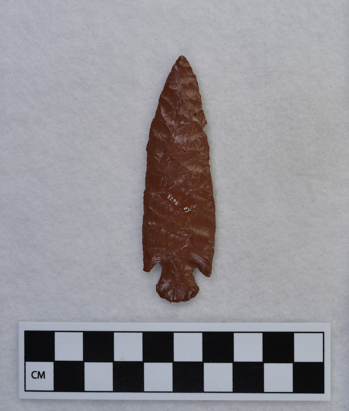 Corner notched, parallel flaking Natural hole at distal end. (GT)