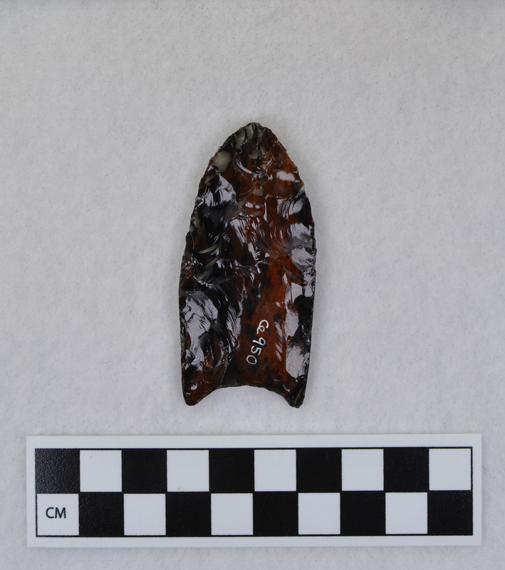 A complete Clovis point created as part of Donald E. Crabtree's Clovis experiments. This object shows that the basal edges and the base of the object were ground.