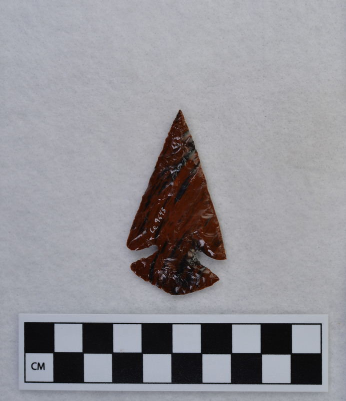 Donald E. Crabtree made this corner notched biface using the Titmus technique. Jim Woods noted that there are burins on forward margin of notches.