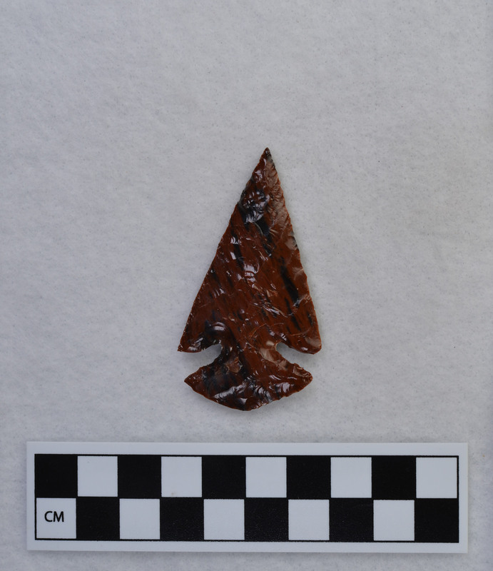 Donald E. Crabtree made this corner notched biface using the Titmus technique. Jim Woods noted that there are burins on forward margin of notches.