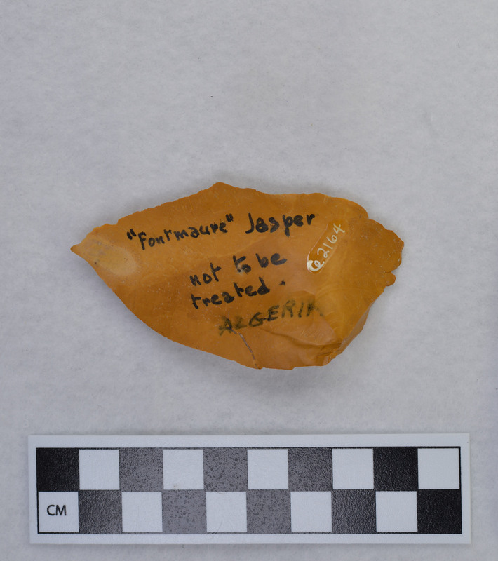 A piece of debitage made by Jacques Tixier. Tixier sent this to Crabtree as and example of material from Algeria.