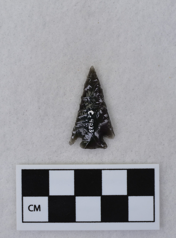 Corner notched, one ear missing It was probably broken off with the final lunate notching flake. (JW)