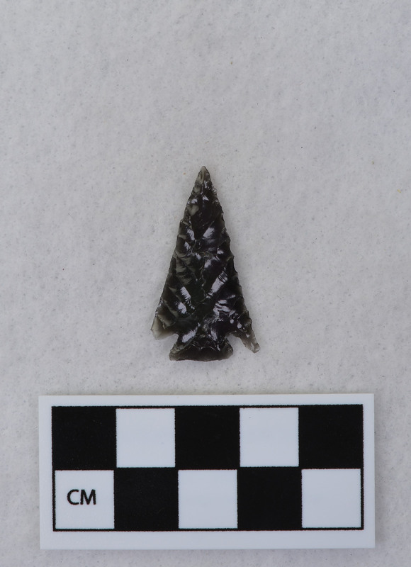 Corner notched, one ear missing It was probably broken off with the final lunate notching flake. (JW)