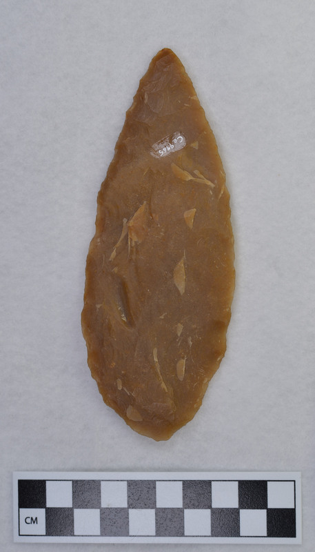 Francois Bordes made this biface while visiting the home of Donald E. Crabtree. This material appears throughout the collection and was brought from France for Crabtree to utilize in his experiments.