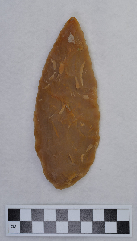 Francois Bordes made this biface while visiting the home of Donald E. Crabtree. This material appears throughout the collection and was brought from France for Crabtree to utilize in his experiments.