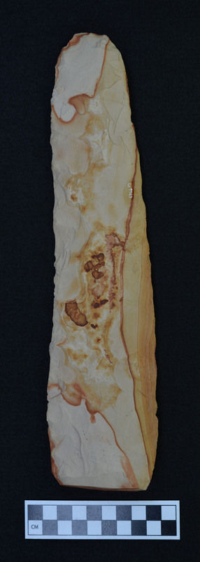 A biface made by Francois Bordes while visiting Donald E. Crabtree in Kimberly, Idaho. Written on the object is "By Francois Bordes 1967".