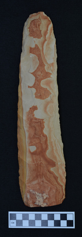 A biface made by Francois Bordes while visiting Donald E. Crabtree in Kimberly, Idaho. Written on the object is "By Francois Bordes 1967".