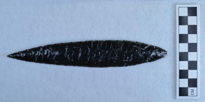 Large, solid black obsidian, biface with collateral flaking on both sides