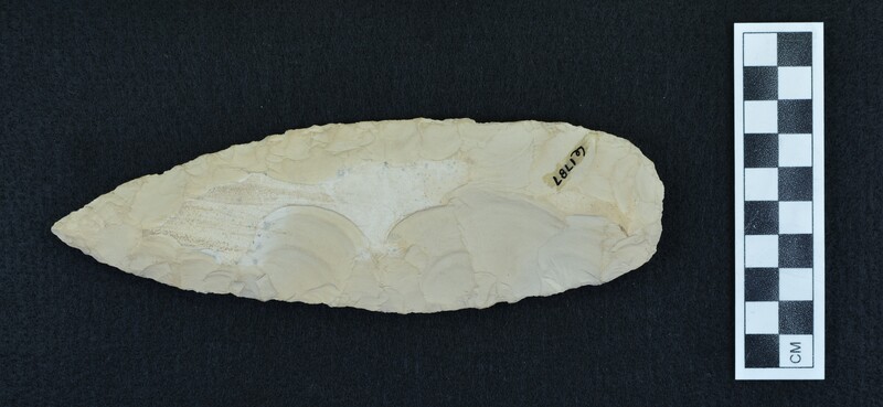 Large, beige/white, mudstone biface with some dark brown discoloration on distal end and black staining on the proximal end in Photo b