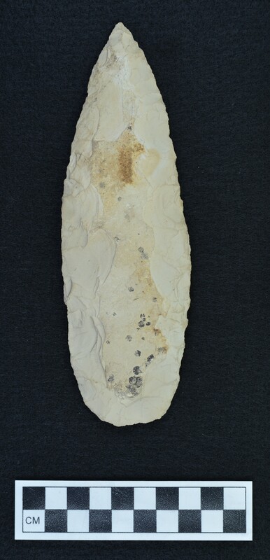 Large, beige/white, mudstone biface with some dark brown discoloration on distal end and black staining on the proximal end in Photo b