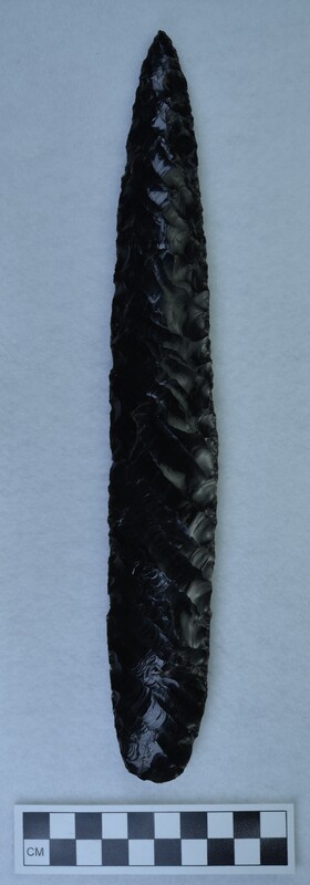 Large, black obsidian biface made using techniques from western Mexico