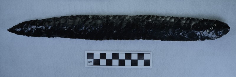 Large, black obsidian biface made using techniques from western Mexico