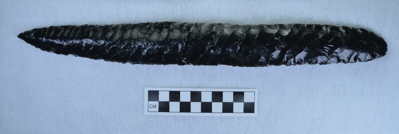 Large, black obsidian biface made using techniques from western Mexico