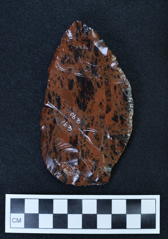 Photo shows two fragments of a biface made by Crabtree that broke due to end shock.